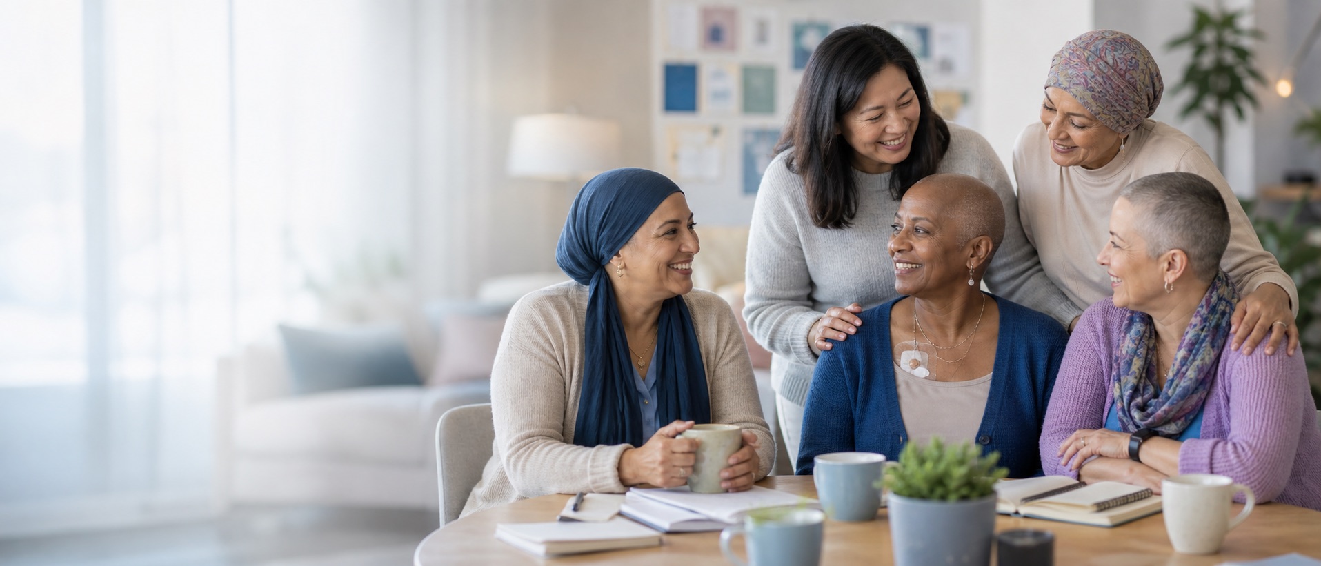 Cancer patients and caregivers smiling together in a calm community lounge